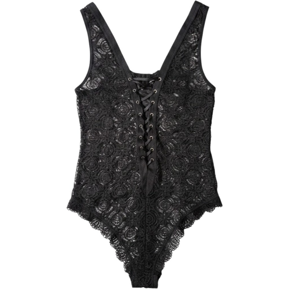 French Affair Lace Bodysuit Women Medium Black Lace Up Front 4426BA
